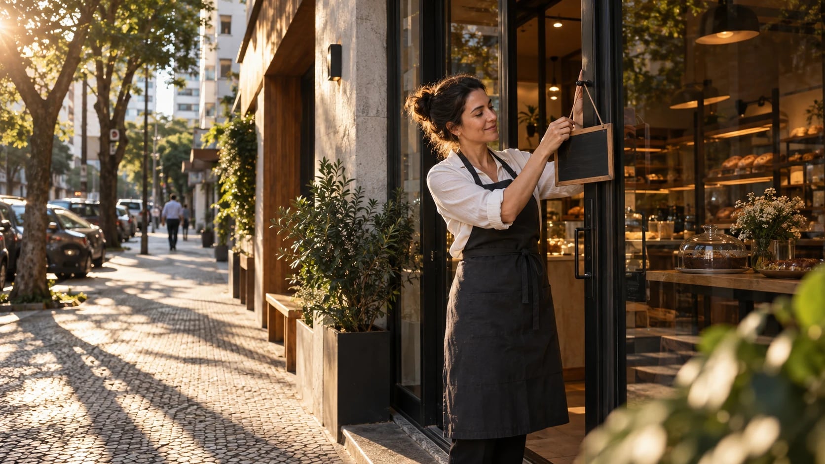 Dona de padaria sorrindo enquanto pendura uma plaquinha na porta da loja