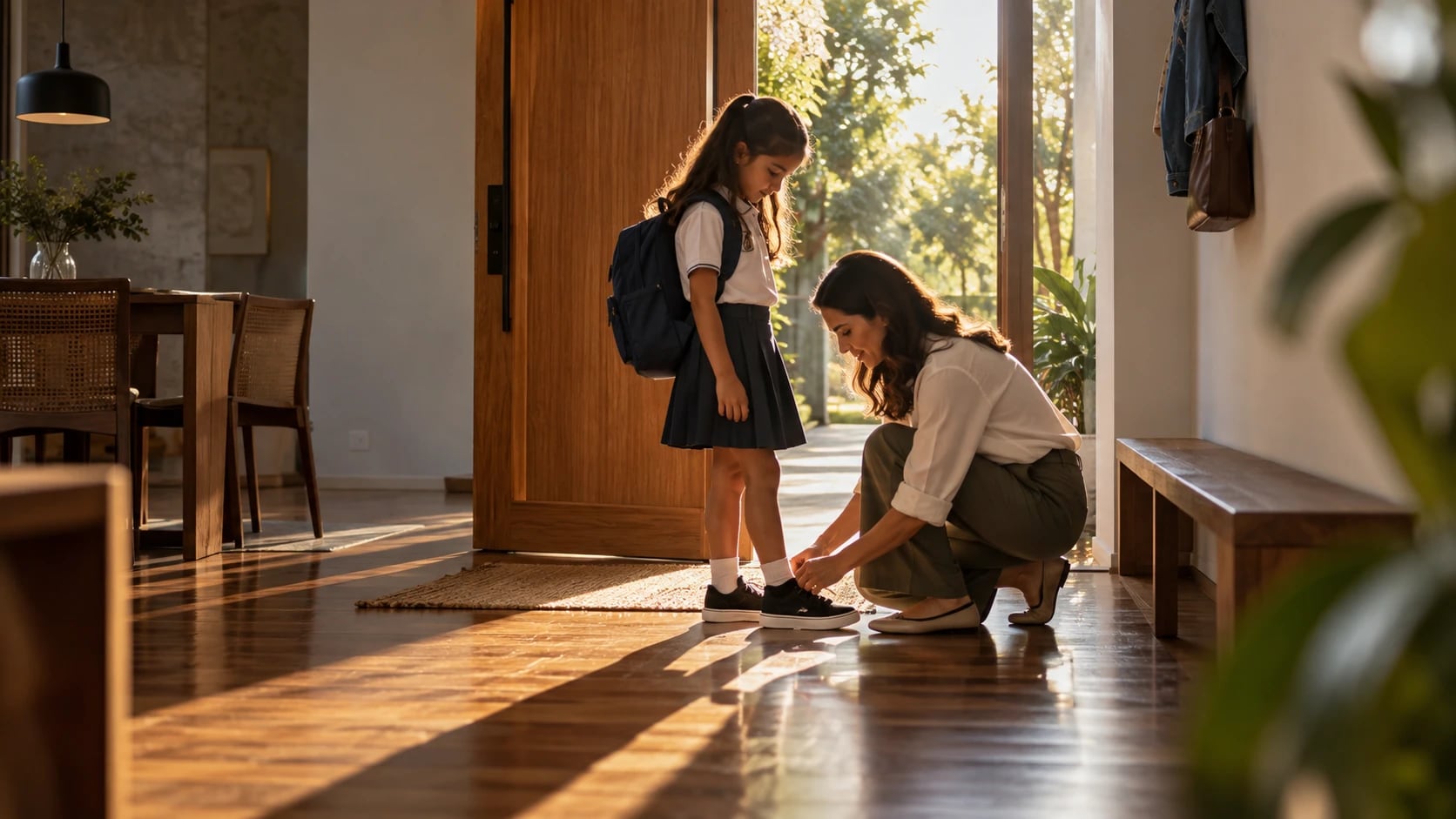 Mãe ajoelhada amarrando o tênis da filha de uniforme escolar na porta de casa