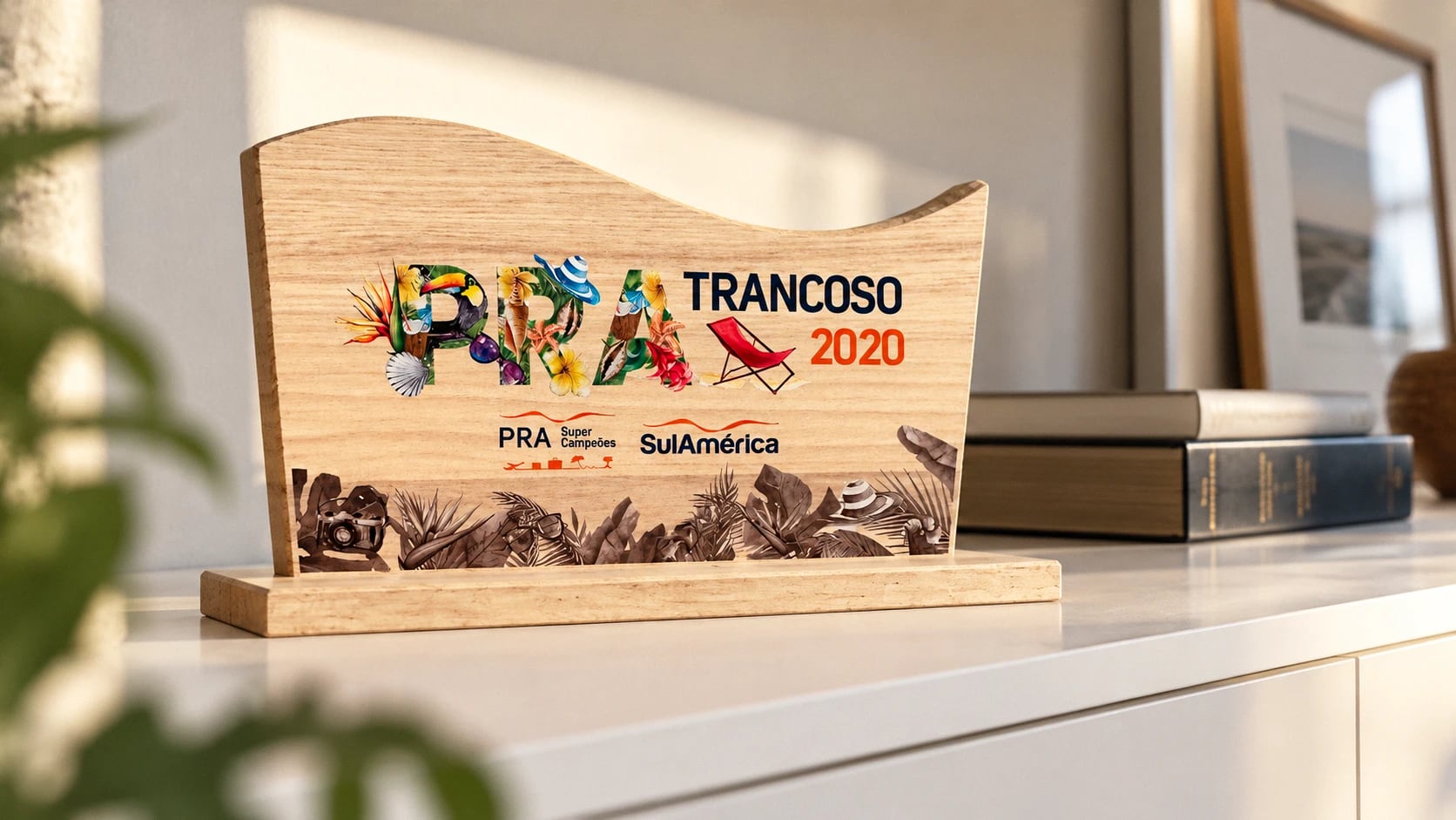 Placa de madeira PRA Trancoso 2020 sobre um aparador